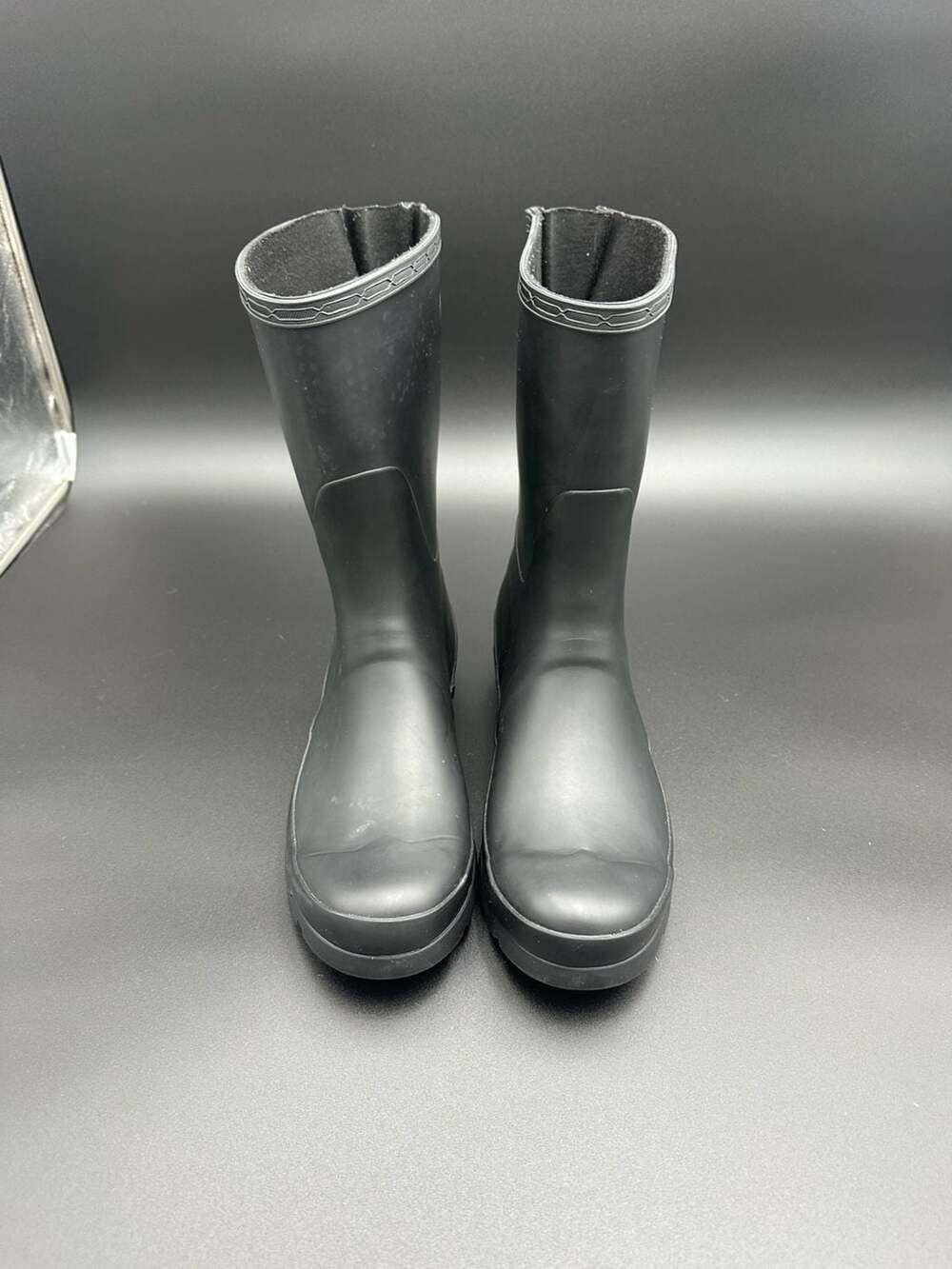 Polar brand black waterproof rubber mid-calf rain boots with buckle detail